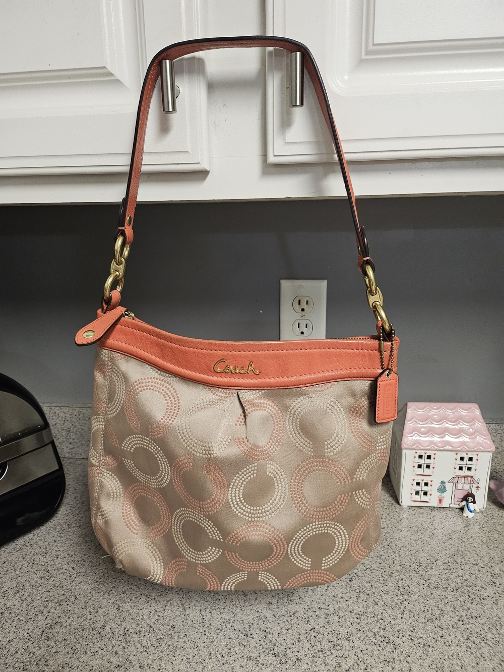 Coach Signature Canvas Hobo Bag in Coral and Beige